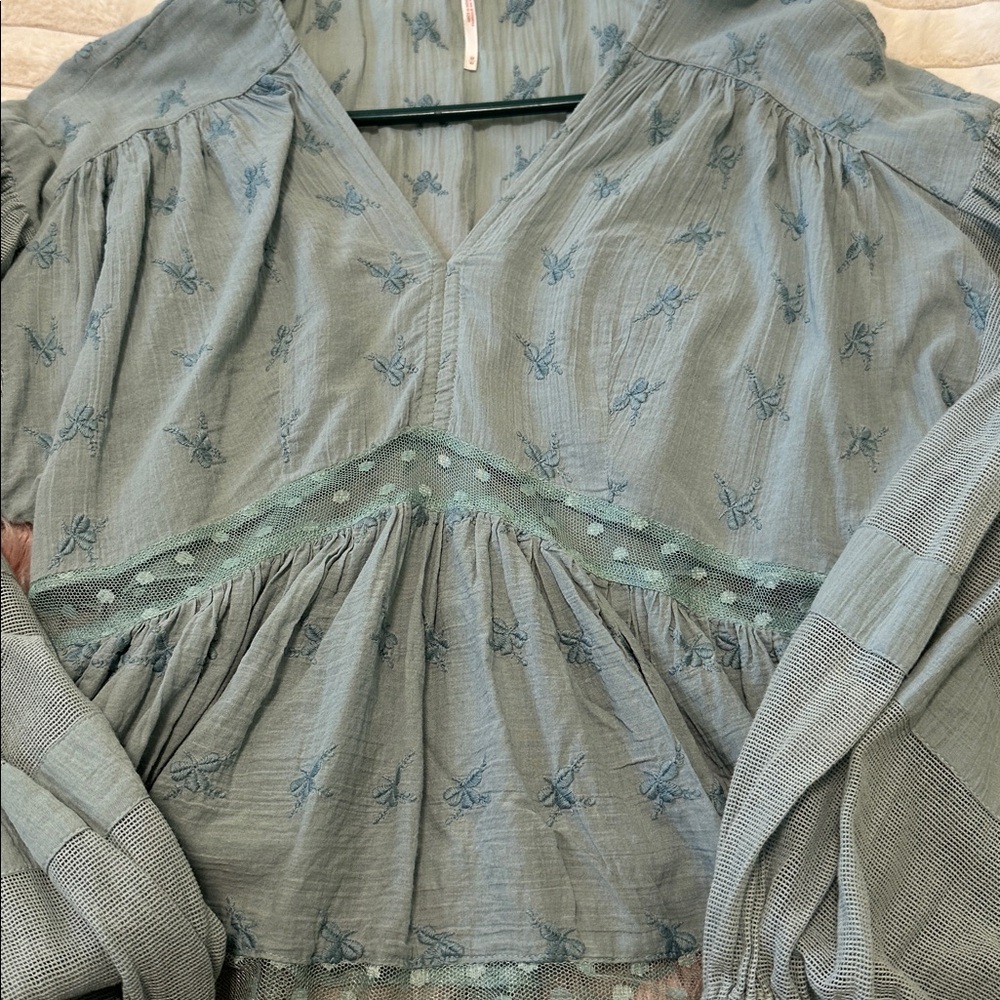 2/$75 Free People Dusty Blue Embroidered Peasant Blouse - Picture 2 of 10
